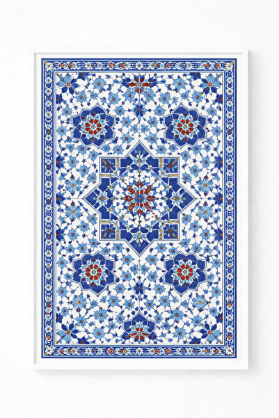 KAYABEY HOME Mavi Çini Desenli Dekoratif Tablo – Beyaz Çerçeveli Geleneksel D...