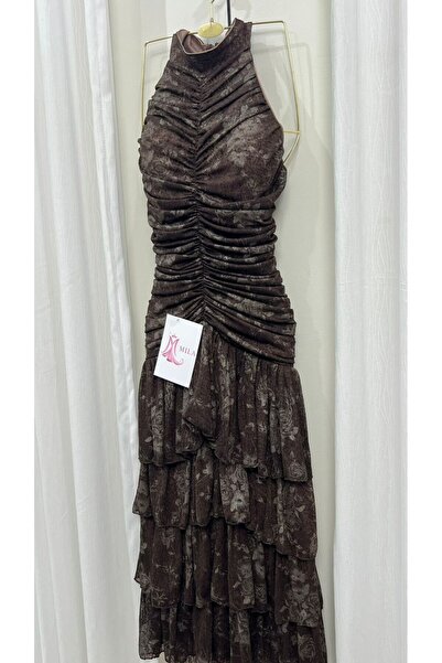 MİLA FASHİON Mila Mermaid Dress with Layered Ruffles - Chocolate Brown