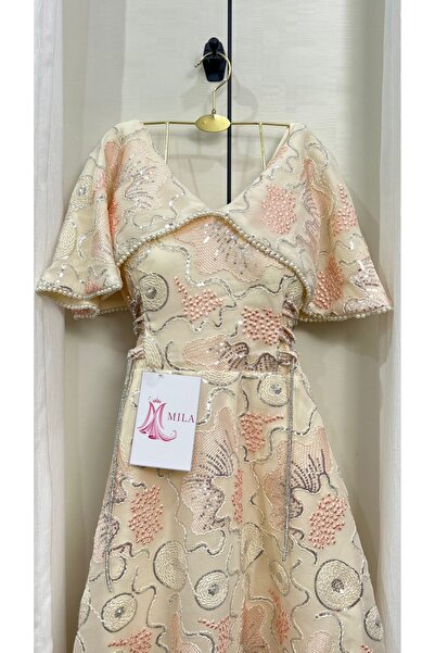 MİLA FASHİON Mila's luxurious dress with pearl embroidery – champagne pink