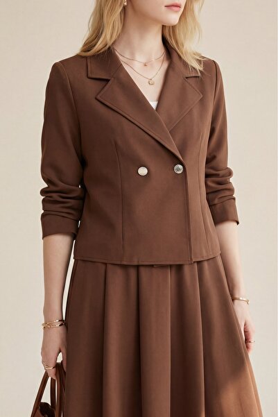 MissRunin önü çift Düğmeli Kruvaze Yaka Ceket Etek Double Krep Takım