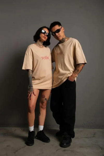 LUMİART Uslucan Alişveri̇ş Men's T-Shirt B Printed O Oversized - Beige