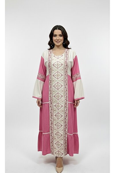 DADO BELLA Etnik Desenli İspanyol Kol Pembe Uzun Elbise
