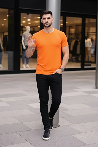 modi Men's T-Shirt Crew Neck Slim Fit Lycra T-Shirt Casual Basic Body - Orange