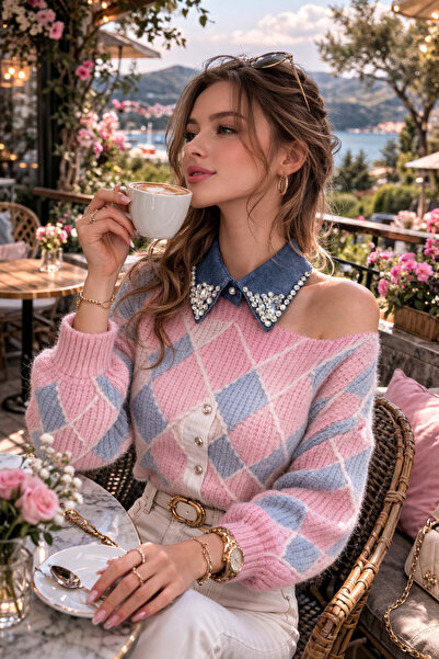 CROCUS DESIGN Kristal taş tasarım denim laci gömlek yaka