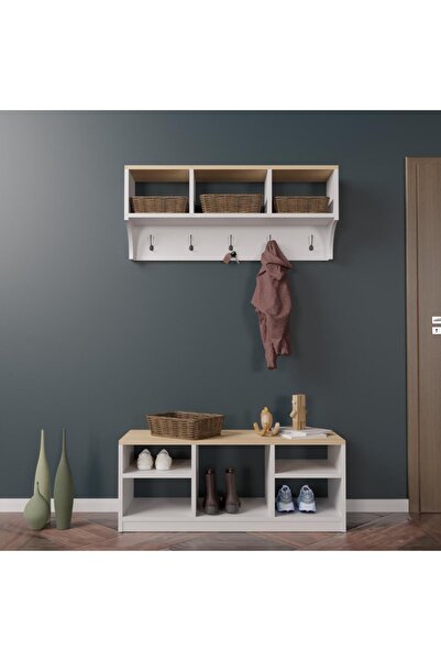 EvcesHome P&W Modern Antre Seti - Askılıklı Duvar Rafı ve Ayakkabılık Bench-P...