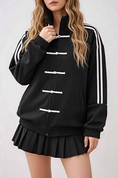Köstebek Vintage Oversize Unisex Jacket with Three Stripes and Chinese Knot C...