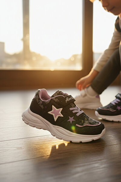 enoch Girls' Star Figured Sparkling Velcro and Lace-Up Casual Sneakers