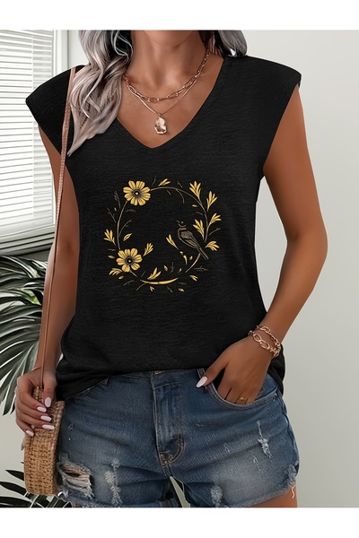 mercoledi Mix Printed Women's Sleeveless V-Neck Relaxed Fit T-Shirt