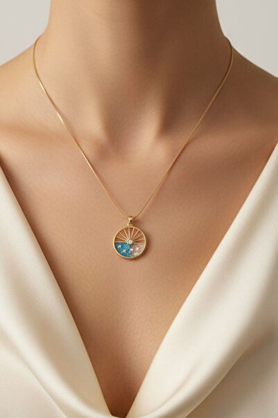 BHR AKSESUAR Gold Zircon Stone Sun Pendant (45 cm)