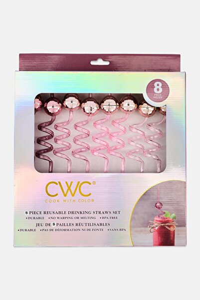 Cook With Color Plastic 8 Pieces Reusable Drinking Straw Set, Pink