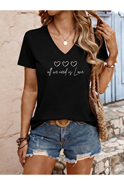 mercoledi Mix Printed Women's V-Neck Relaxed Fit Full-Fit T-Shirt