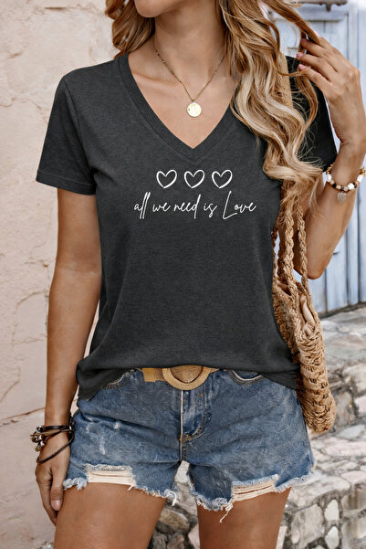 mercoledi Women's Love Printed Relaxed Cut Sleeves V-Neck T-Shirt Full Fit