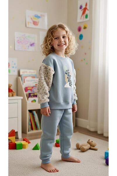 Sinem Çeyiz Pampal 3187 Girl's Leopard Plush Sleeves and Banded Cuffs Tracksu...