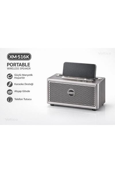 Voltico XM-516K Ahşap Kasa Bluetooth Hoparlör – Telefon Tutuculu, Güçlü Ses P...