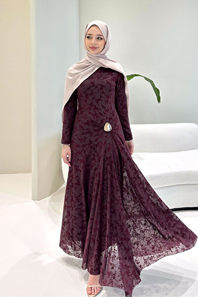 Ovn. Lunera Flok Tül Broşlu Elbise - Mürdüm