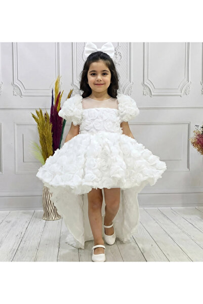 ELLUSSİ Kız Çocuk Beyaz Kuyruklu Şeffaf Gül Desenli Kısa Balon Kol Elbise Abiye