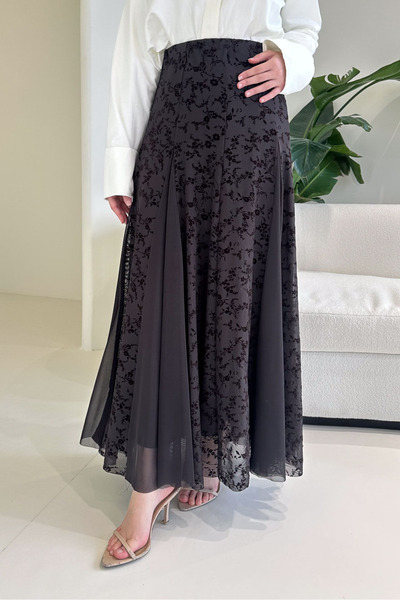 HEWES Valen Flok Tül Baskılı Etek - Kahverengi