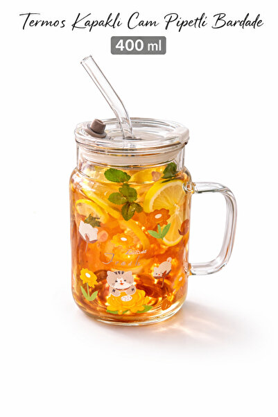 Two Two Floral Thermos Cup with Lid and Glass Straw 400ml – Heat-Protective C...