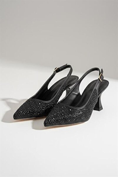 Difolia Women's Emma Black Satin Stone 7 cm Thin Heeled Shoes & Stileto