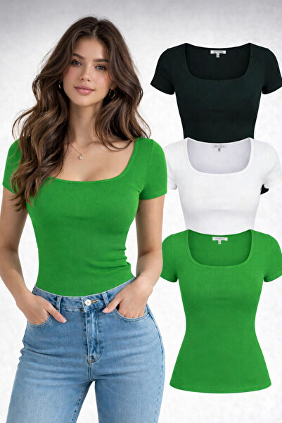 NERTH STYLE Set of 3 U-Neck Short Sleeve Ribbed Cotton Blouse T-Shirts