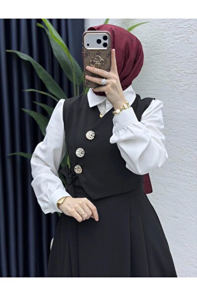 FIRSTESLEM Düğmeli ve Bağlamalı Yelek ve Etekli Kadın ikili Takım