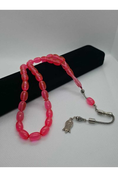 sarıyer silver Airplane Glass Rosary with Pink Color Steel Tulip Figure and Tassels, 33 Beads, Religion Islam Airplane Glass Rosary