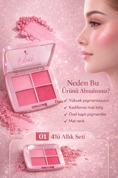 DAMİ 01 4'lü Allık Seti - Kadifemsi Mat Bitişli Yüksek Pigmentli Pembe Allık