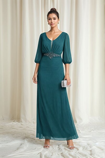 MAMAYAGA Women's Window Tulle V-Neck Waist-Slit Stone Embroidered Stylish Eve...