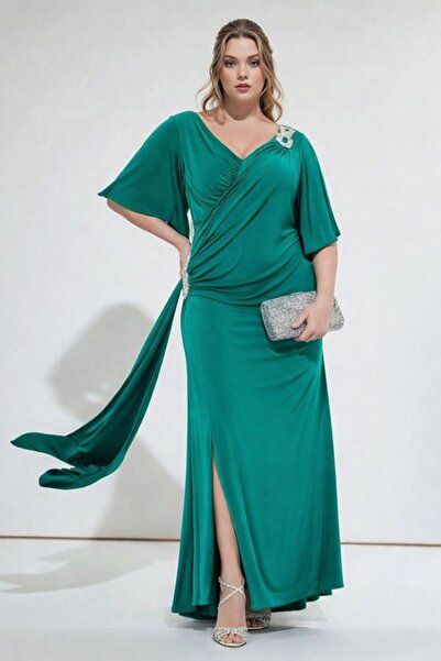 MAMAYAGA Women's Window V-Neck Waist-Slit Stoned Stylish Evening Dress Curve ...