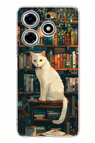TechTree Tecno Spark 10 Pro Compatible Bookshelf White Cat Design Printed Sil...