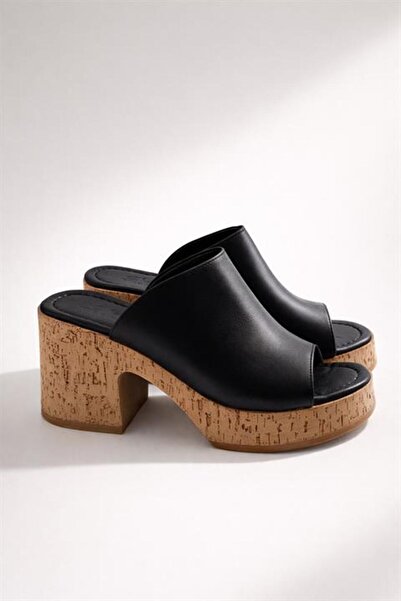 Difolia Women's Silva Black Leather Cork Sole Orthopedic Platform Heel Slippers