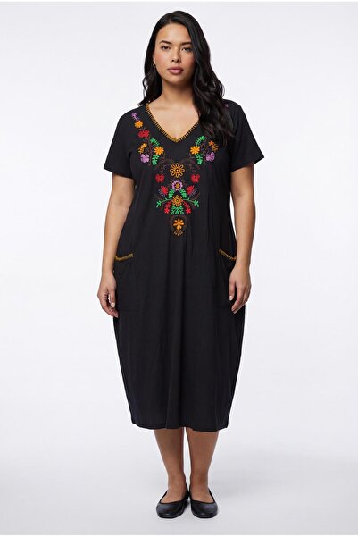 Ebsumu Women's Plus Size Floral Embroidered Black Dress