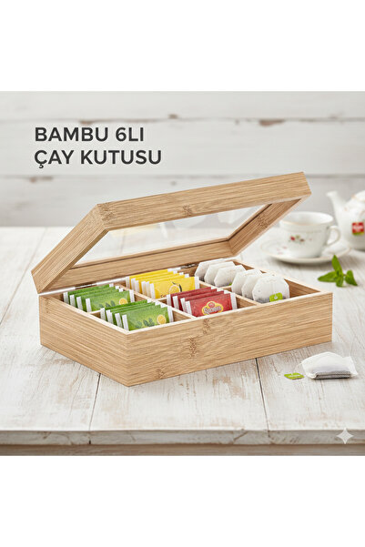 Edenza Bamboo 6-Compartment Tea Box – Tea Storage Box with Glass Lid and Comp...