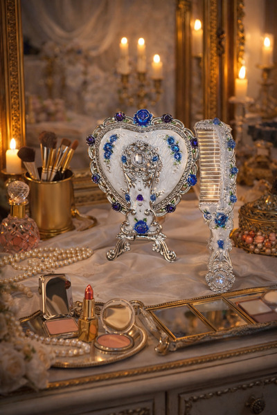 seymenbıçakçılık Lüks Büyük Boy Gümüş Ayna Tarak Seti – Mavi Taşlı Vintage Model