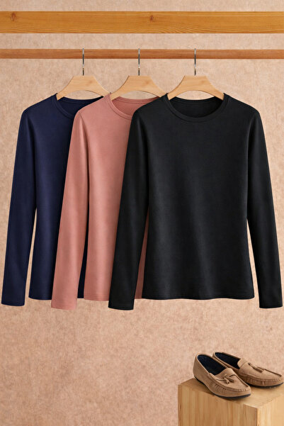 COMBİNE MİCHAİL Women's Cotton Crew Neck Slim Fit 3-Piece Blouse