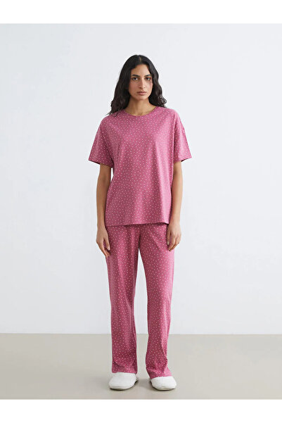 LC Waikiki Lcw Dream Burgundy Crew Neck Star Patterned Women's Pajama Set