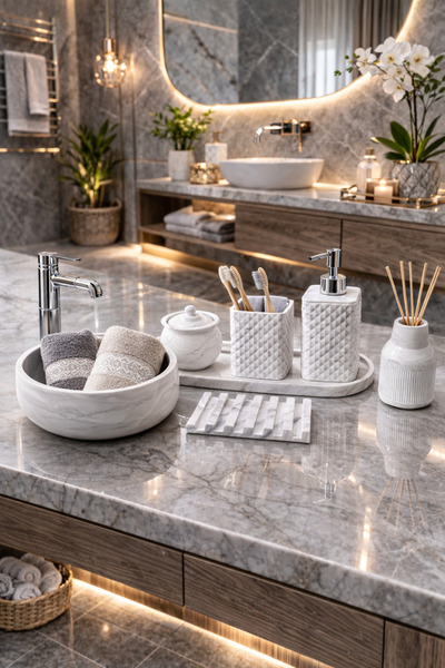 lufen deco Mermer Desenli Beton 7'li Banyo Wc seti Sıvı Katı Sunum Tepsisi Çe...