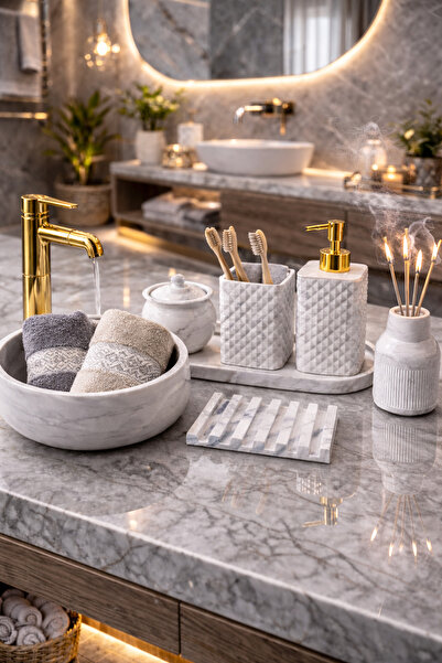 lufen deco Mermer Desenli Beton 7'li Banyo Wc Seti-Sıvı Sabunluk Sunum Tepsis...