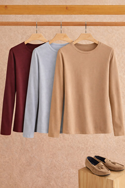 COMBİNE MİCHAİL Women's Cotton Crew Neck Slim Fit 3-Piece Blouse