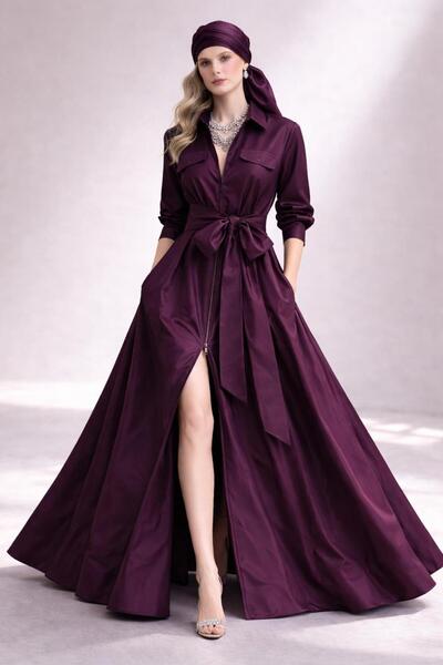 ALYEL NAKER Maxi Stylish Taffeta Shirt Dress with Front Zipper Detail & Pockets