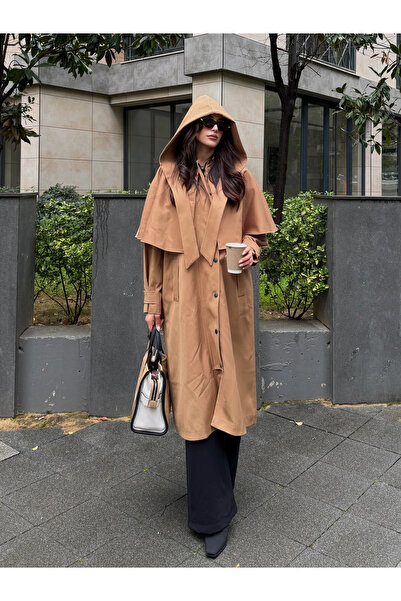 Laluvia Camel Trench Coat with Detachable Hood Detail - 85179