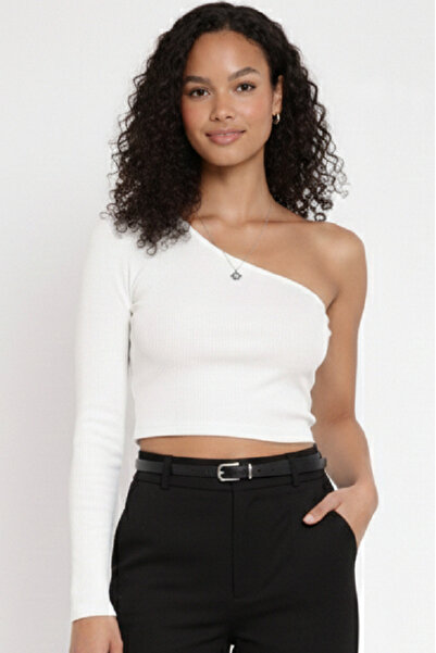MİO ESTİLO Women's One-Shoulder Ribbed Crop Blouse