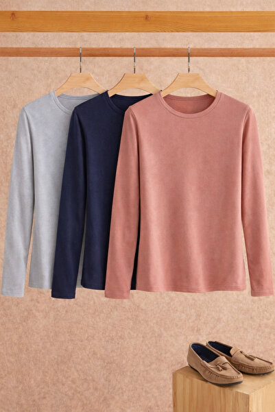 COMBİNE MİCHAİL Women's Cotton Crew Neck Slim Fit 3-Piece Blouse