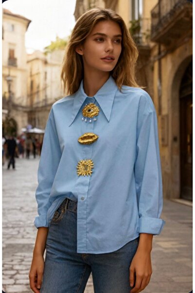 Divin store Baby blue shirt-blouse with large gold buttons