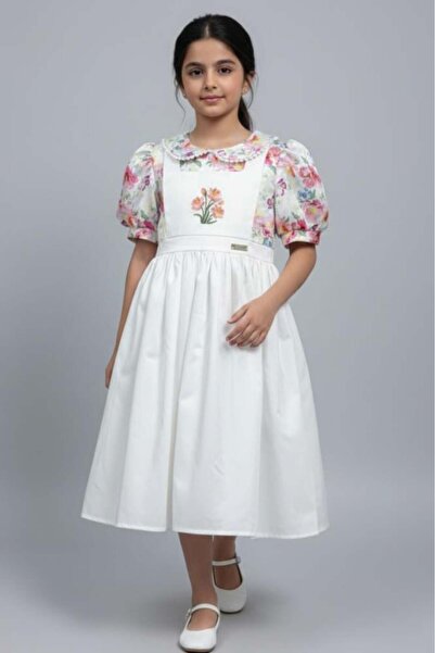 Alesaei-mondo tondo (Girls' white dress with rose embroidery, puff sleeves, a...