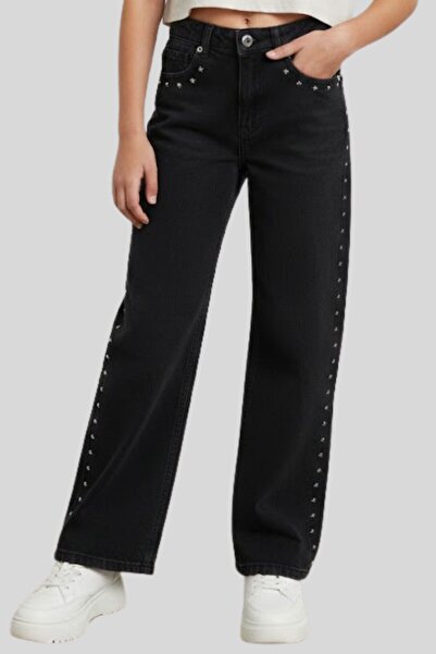 ww waka waka kids store Black Wide Leg Jean Trousers with Stone Embellishment...