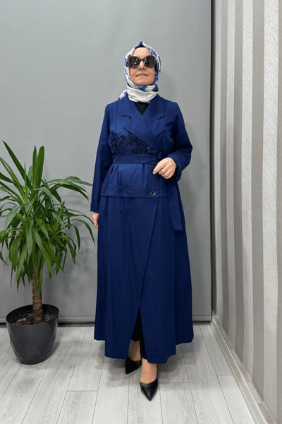 MissWhence Embroidery Detailed Denim Overcoat Navy Blue 37501