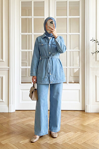 MODAQU Waist Belt Detailed Pocketed Denim Set - Light Blue