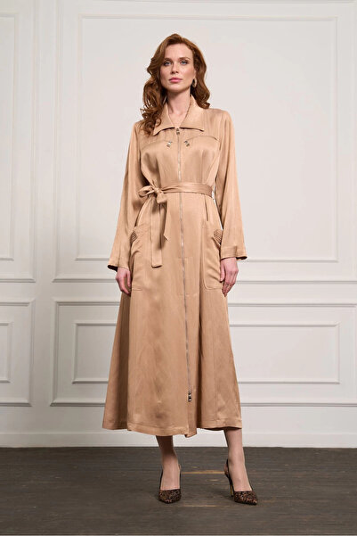 MissWhence Cep ve Fermuar Detaylı Chanel Keten Pardesü Camel 37515