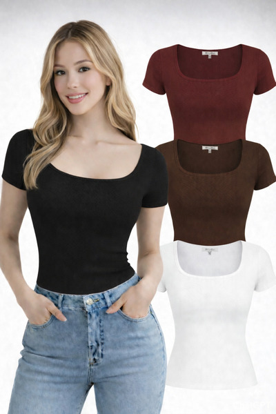 NERTH STYLE Set of 4 U-Neck Short Sleeve Ribbed Cotton Blouse T-Shirts Black-...